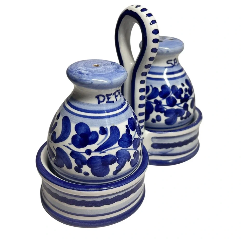 Vtg‎ Deruta Italian Pottery Salt Pepper Shakers w/ Caddy Blue White Majolica